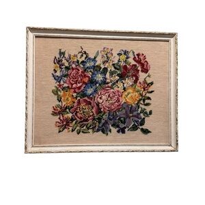 19" x 23" Vintage Large Framed Floral Cross Stitch Needlepoint Art No Glass